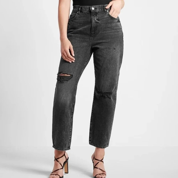 Express Denim - High Waisted Black Ripped Straight Ankle Jeans